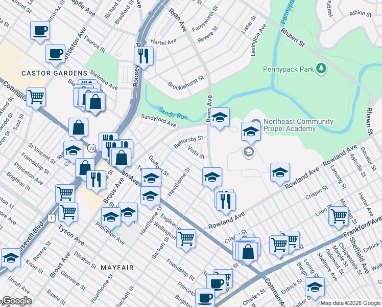 map of restaurants, bars, coffee shops, grocery stores, and more near 3041 Nesper Street in Philadelphia