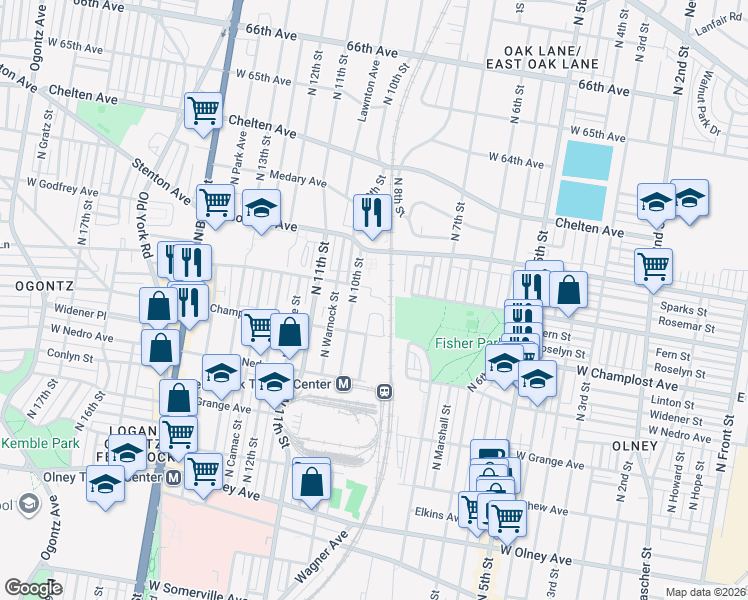 map of restaurants, bars, coffee shops, grocery stores, and more near 736R West Godfrey Avenue in Philadelphia