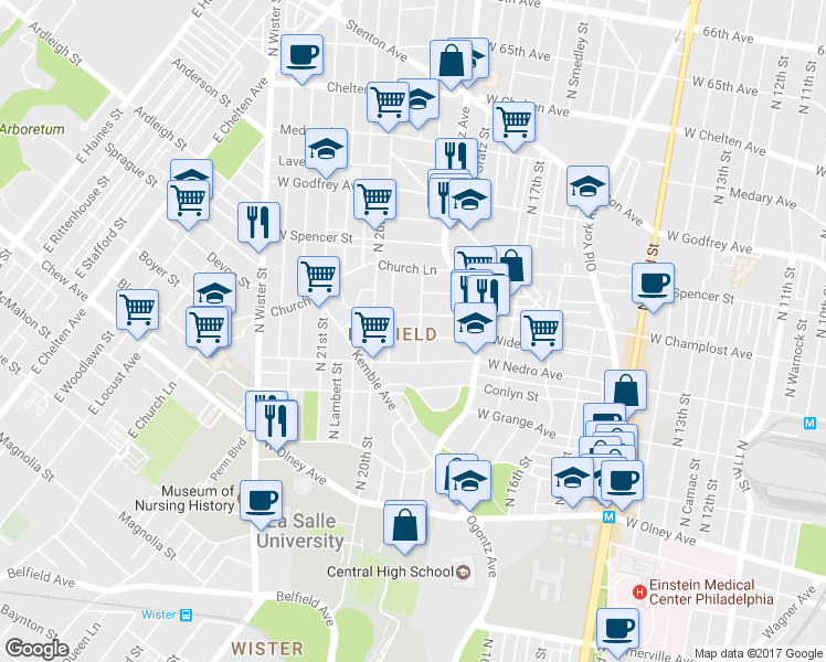 map of restaurants, bars, coffee shops, grocery stores, and more near 5938 North 19th Street in Philadelphia