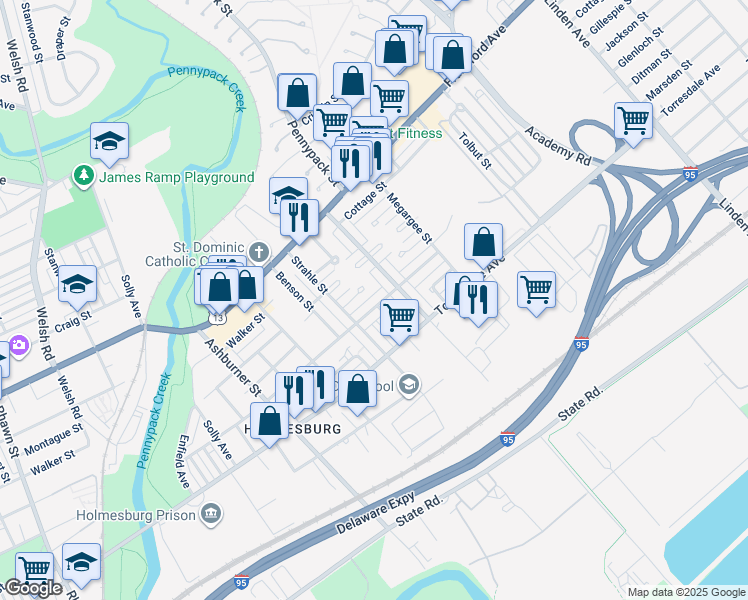 map of restaurants, bars, coffee shops, grocery stores, and more near 8636 Ditman Street in Philadelphia