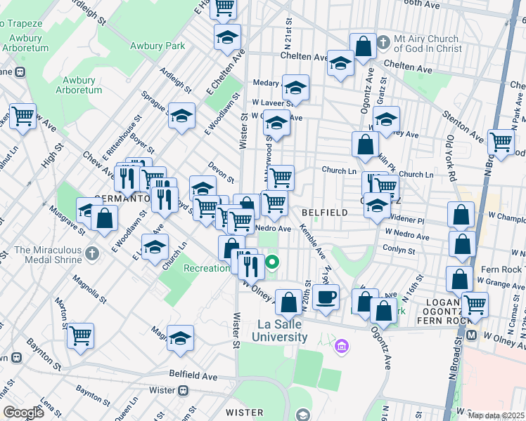 map of restaurants, bars, coffee shops, grocery stores, and more near 5952 North Norwood Street in Philadelphia