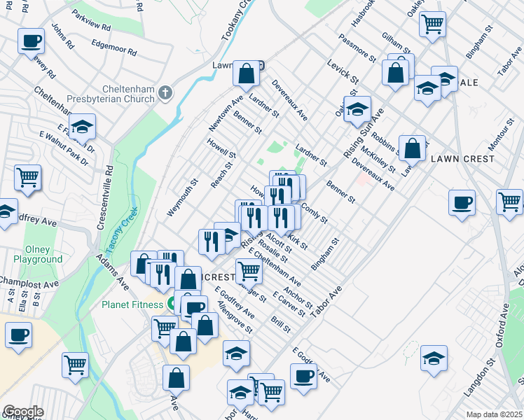 map of restaurants, bars, coffee shops, grocery stores, and more near 471 Van Kirk Street in Philadelphia