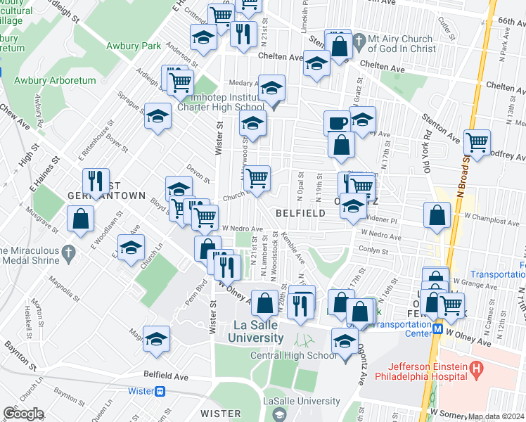 map of restaurants, bars, coffee shops, grocery stores, and more near 5950 Kemble Avenue in Philadelphia