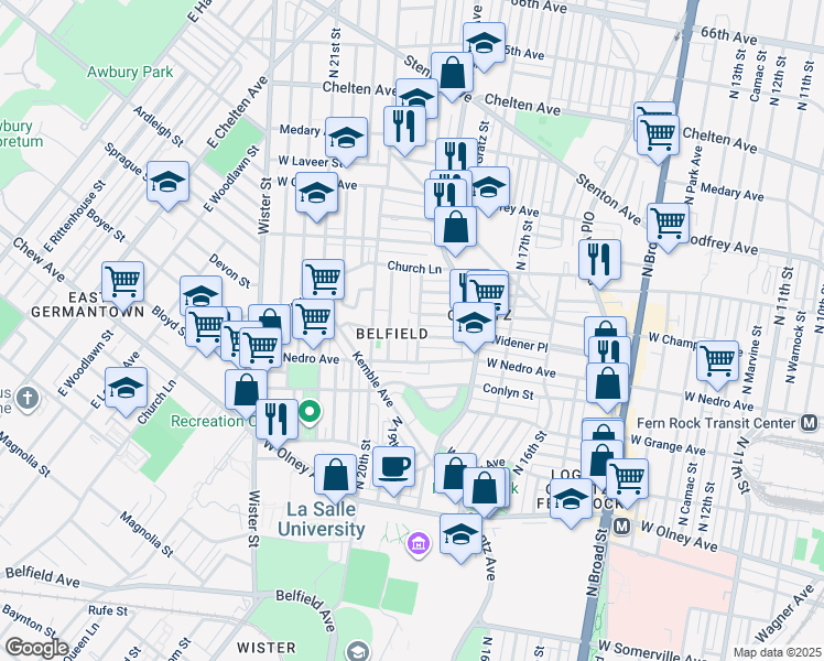 map of restaurants, bars, coffee shops, grocery stores, and more near 5938 North 19th Street in Philadelphia