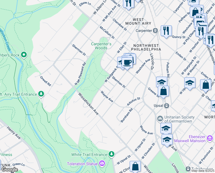 map of restaurants, bars, coffee shops, grocery stores, and more near 6911 Henley Street in Philadelphia