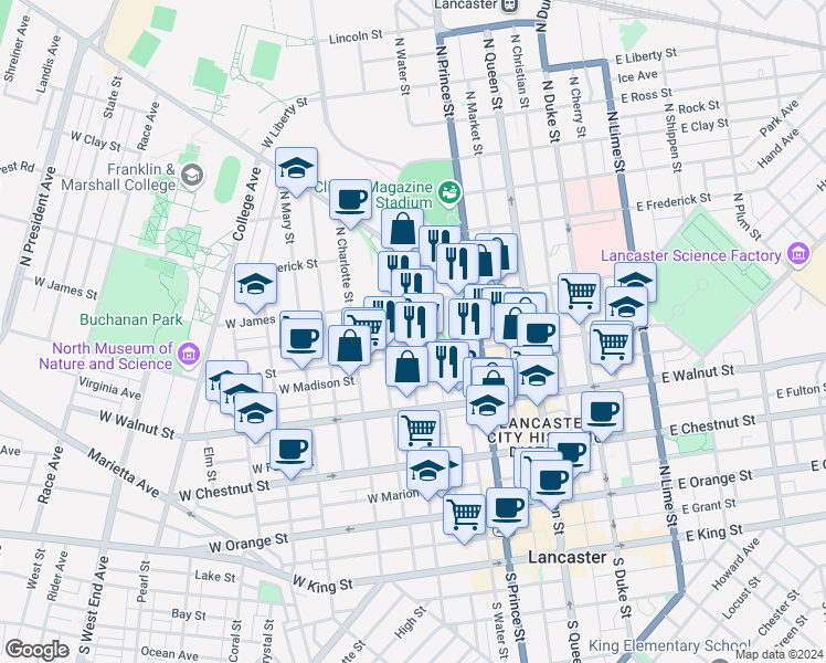 map of restaurants, bars, coffee shops, grocery stores, and more near 423 North Mulberry Street in Lancaster