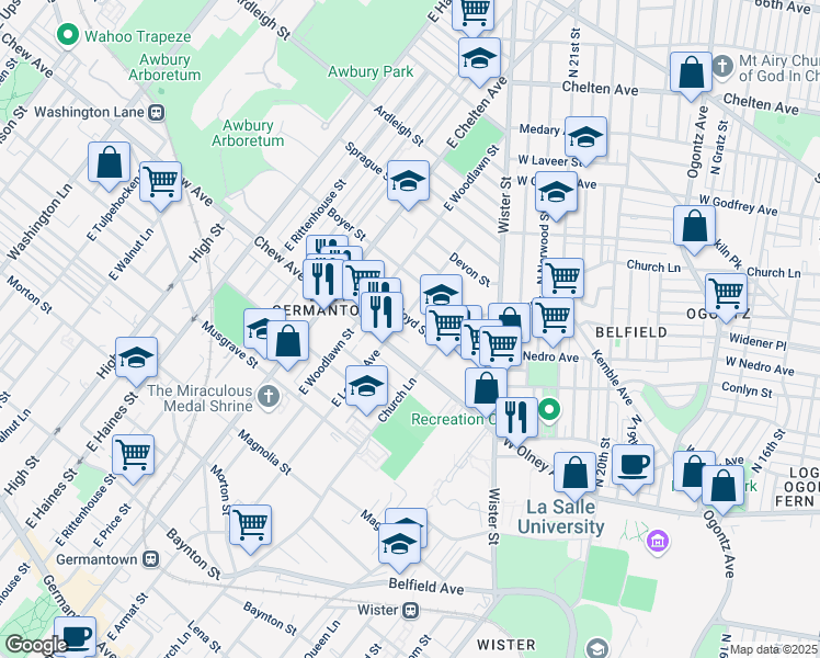 map of restaurants, bars, coffee shops, grocery stores, and more near 5546 Bloyd Street in Philadelphia