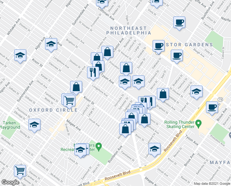 map of restaurants, bars, coffee shops, grocery stores, and more near 6928 Souder Street in Philadelphia