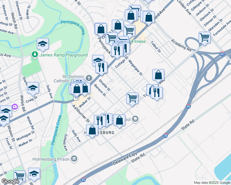 map of restaurants, bars, coffee shops, grocery stores, and more near 8608 Glenloch Street in Philadelphia
