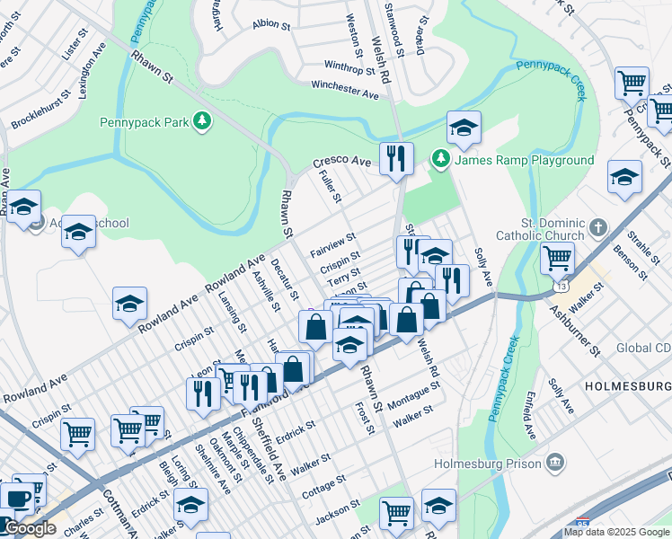 map of restaurants, bars, coffee shops, grocery stores, and more near 8023 Crispin Street in Philadelphia