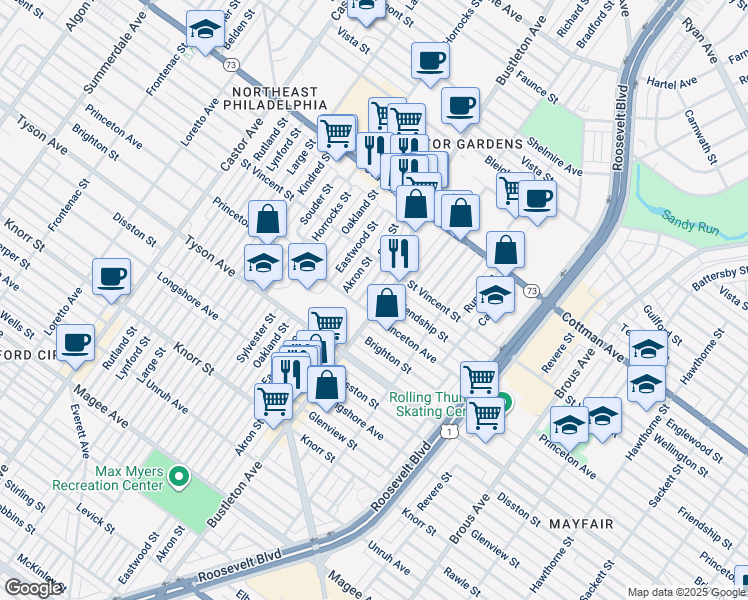 map of restaurants, bars, coffee shops, grocery stores, and more near 7110 Bustleton Ave in Philadelphia