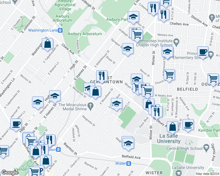 map of restaurants, bars, coffee shops, grocery stores, and more near 751 East Woodlawn Street in Philadelphia