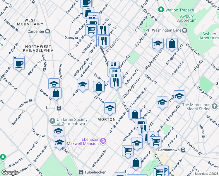 map of restaurants, bars, coffee shops, grocery stores, and more near 40 West Johnson Street in Philadelphia