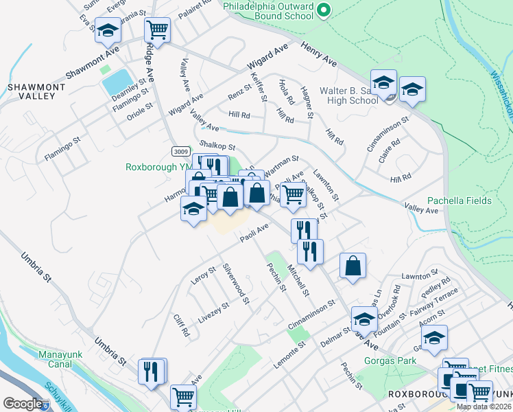 map of restaurants, bars, coffee shops, grocery stores, and more near 7041 Ridge Avenue in Philadelphia
