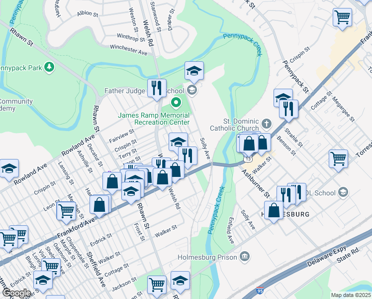 map of restaurants, bars, coffee shops, grocery stores, and more near 8209 Craig Street in Philadelphia