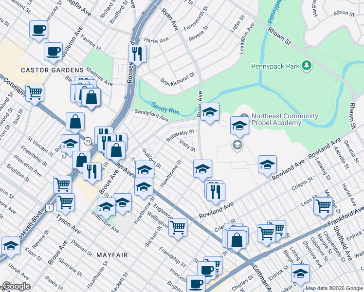 map of restaurants, bars, coffee shops, grocery stores, and more near 3041 Nesper Street in Philadelphia