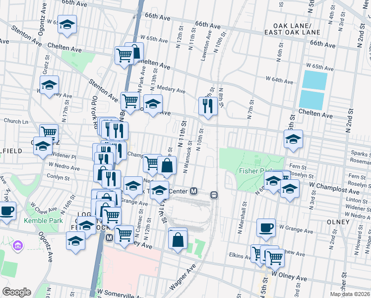 map of restaurants, bars, coffee shops, grocery stores, and more near 6007 North 11th Street in Philadelphia
