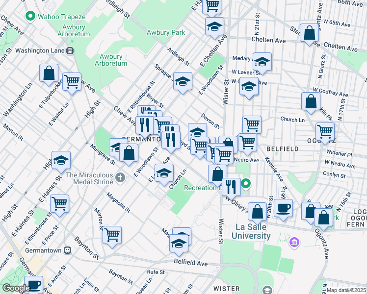 map of restaurants, bars, coffee shops, grocery stores, and more near 5533 Crowson Street in Philadelphia