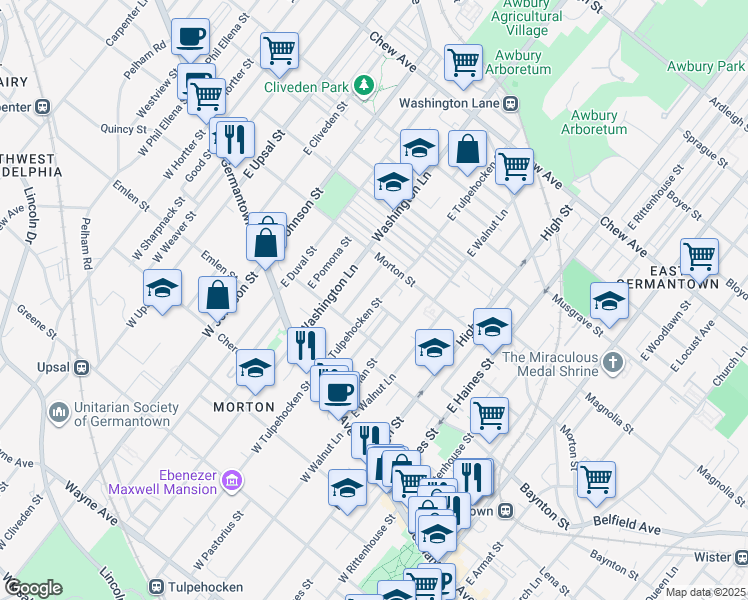 map of restaurants, bars, coffee shops, grocery stores, and more near 128 East Pastorius Street in Philadelphia