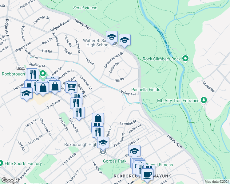 map of restaurants, bars, coffee shops, grocery stores, and more near 7002 Valley Avenue in Philadelphia