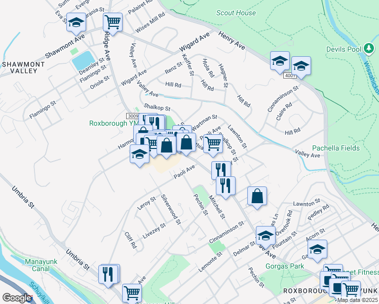 map of restaurants, bars, coffee shops, grocery stores, and more near 6901 Ridge Avenue in Philadelphia