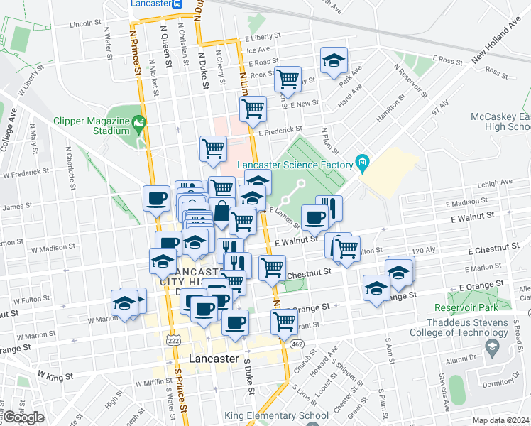 map of restaurants, bars, coffee shops, grocery stores, and more near 213 East Madison Street in Lancaster
