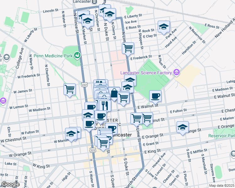 map of restaurants, bars, coffee shops, grocery stores, and more near 342 North Duke Street in Lancaster