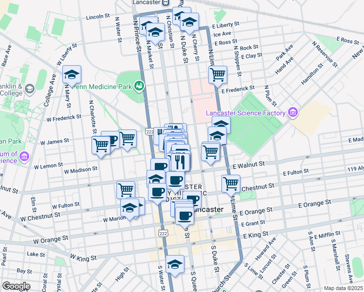 map of restaurants, bars, coffee shops, grocery stores, and more near 347 North Queen Street in Lancaster