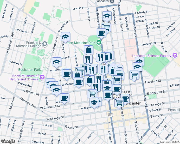 map of restaurants, bars, coffee shops, grocery stores, and more near 237 West Lemon Street in Lancaster