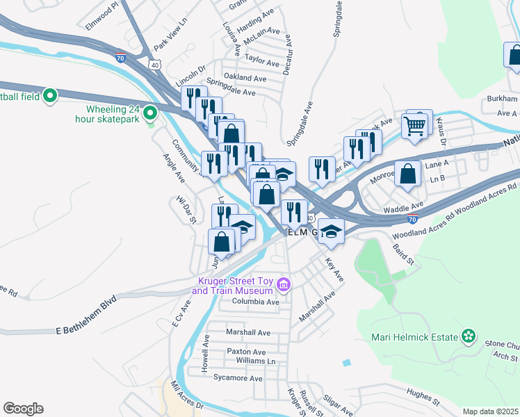 map of restaurants, bars, coffee shops, grocery stores, and more near 2214 National Road in Wheeling