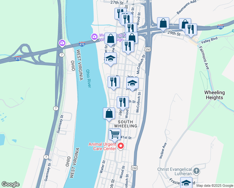 map of restaurants, bars, coffee shops, grocery stores, and more near 3749 Jacob Street in Wheeling