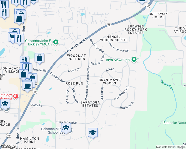 map of restaurants, bars, coffee shops, grocery stores, and more near 763 Dark Star Avenue in Columbus