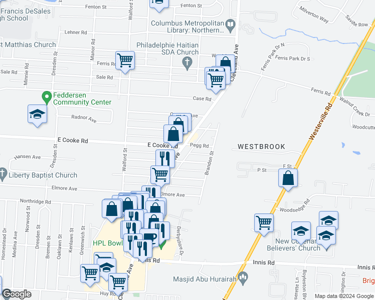 map of restaurants, bars, coffee shops, grocery stores, and more near 2154 Melrose Avenue in Columbus