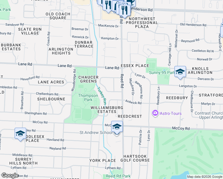 map of restaurants, bars, coffee shops, grocery stores, and more near 1881 Brandywine Drive in Columbus