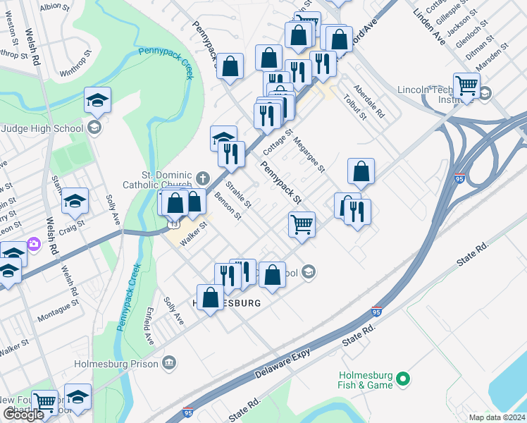 map of restaurants, bars, coffee shops, grocery stores, and more near 8608 Glenloch Street in Philadelphia