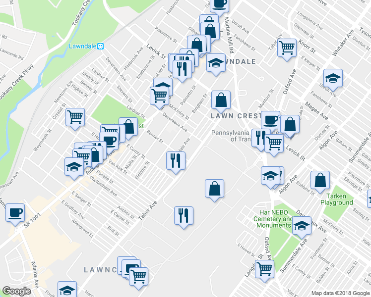 map of restaurants, bars, coffee shops, grocery stores, and more near 6113 Lawndale Avenue in Philadelphia