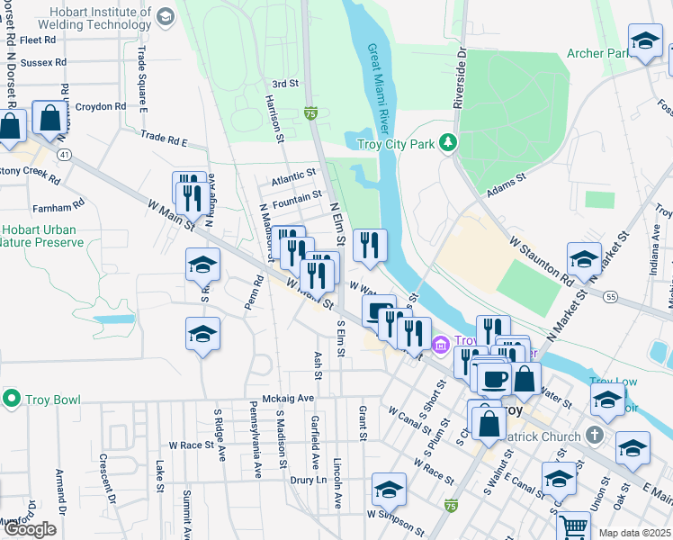 map of restaurants, bars, coffee shops, grocery stores, and more near 34 North Elm Street in Troy