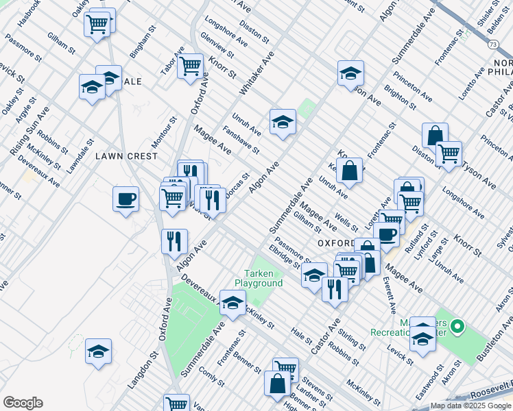 map of restaurants, bars, coffee shops, grocery stores, and more near 1121 Hellerman Street in Philadelphia