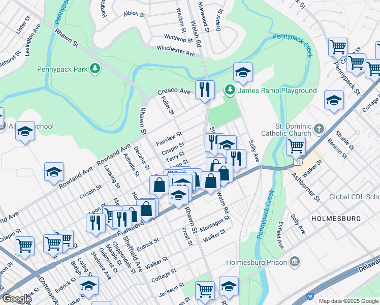 map of restaurants, bars, coffee shops, grocery stores, and more near 8117 Terry Street in Philadelphia