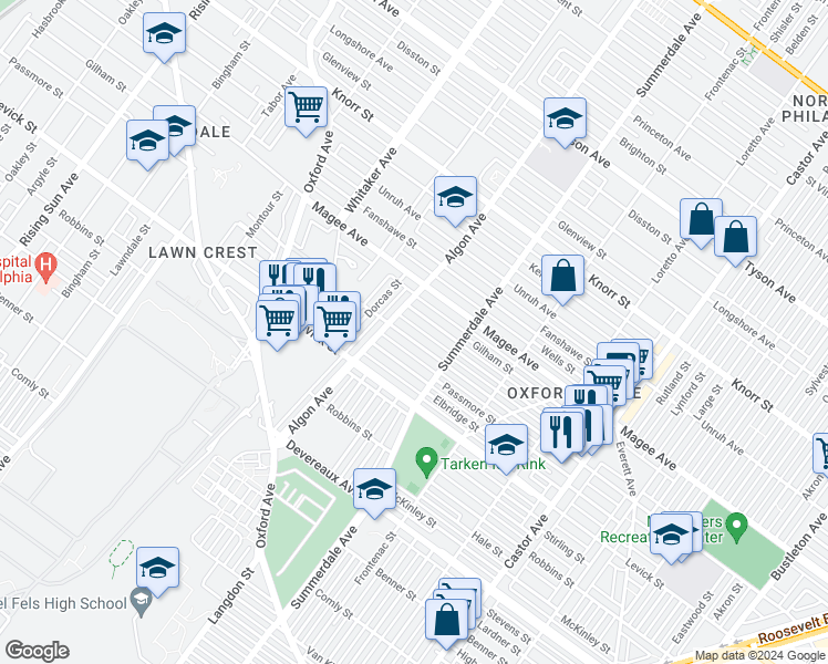 map of restaurants, bars, coffee shops, grocery stores, and more near 1121 Hellerman Street in Philadelphia