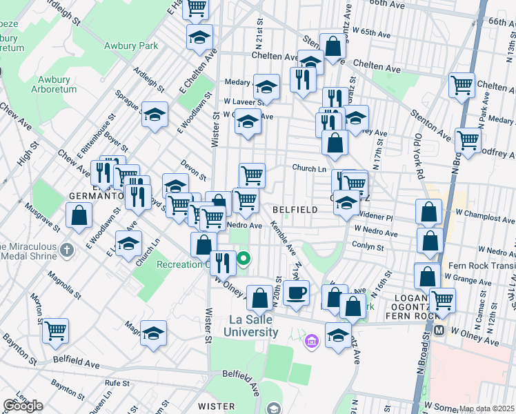 map of restaurants, bars, coffee shops, grocery stores, and more near 5950 Kemble Avenue in Philadelphia