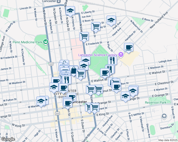 map of restaurants, bars, coffee shops, grocery stores, and more near 206 East Lemon Street in Lancaster
