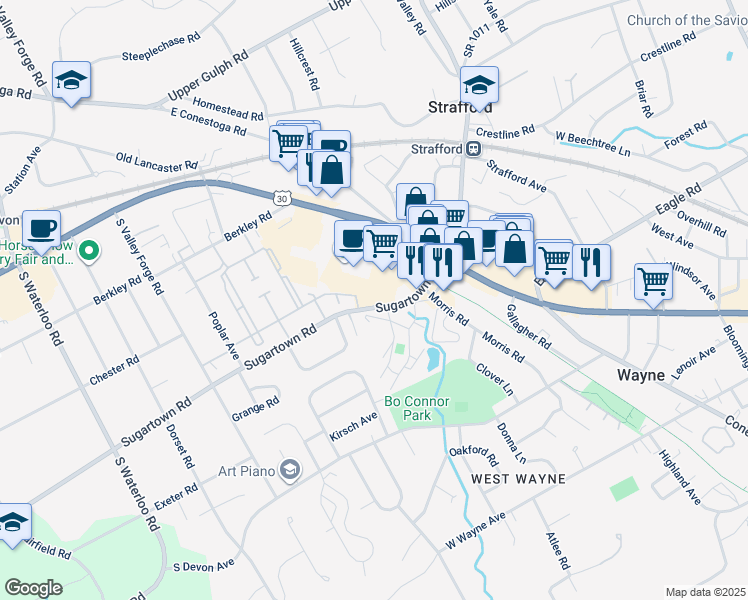 map of restaurants, bars, coffee shops, grocery stores, and more near 289 Sugartown Road in Wayne