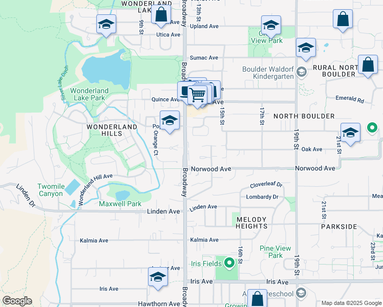 map of restaurants, bars, coffee shops, grocery stores, and more near 3830 Broadway in Boulder