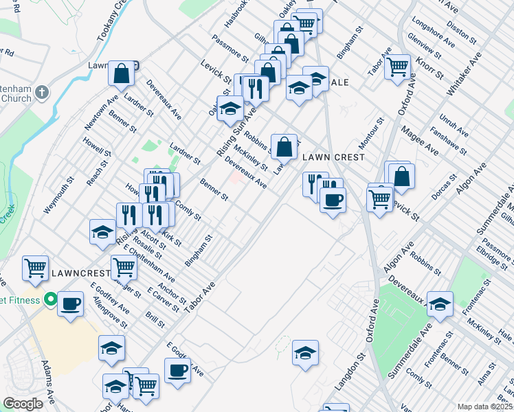 map of restaurants, bars, coffee shops, grocery stores, and more near 6113 Lawndale Avenue in Philadelphia