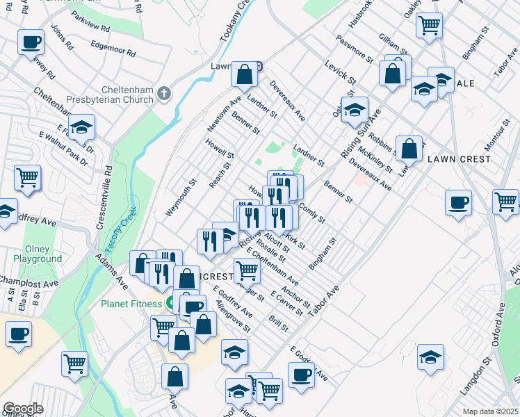 map of restaurants, bars, coffee shops, grocery stores, and more near 471 Van Kirk Street in Philadelphia