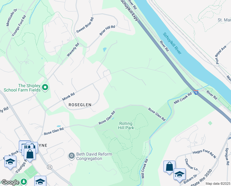 map of restaurants, bars, coffee shops, grocery stores, and more near 1505 Monk Road in Gladwyne
