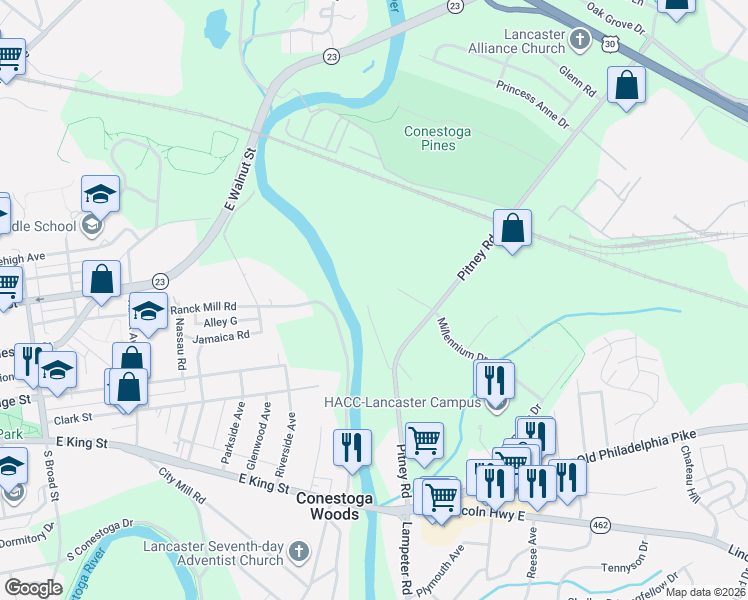 map of restaurants, bars, coffee shops, grocery stores, and more near 62 Pitney Road in Lancaster