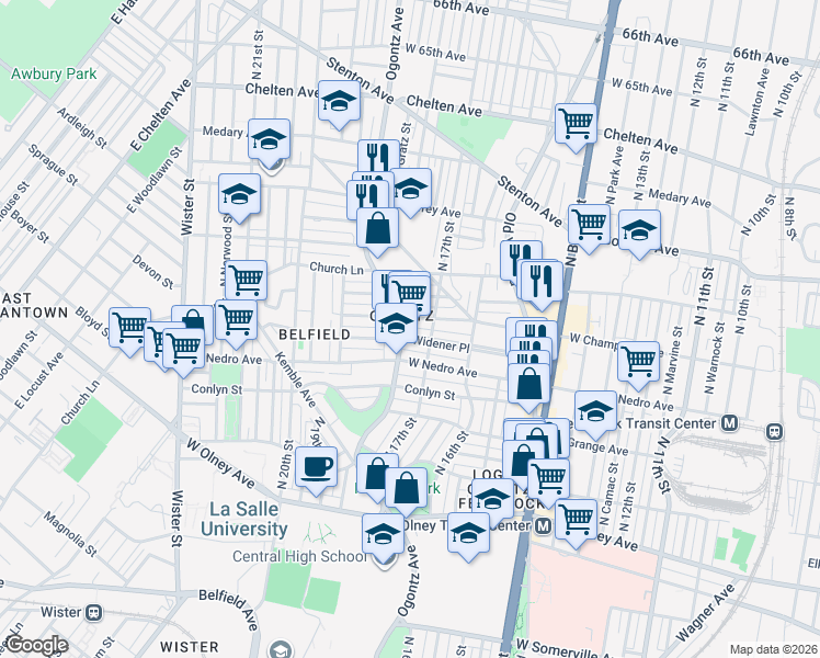 map of restaurants, bars, coffee shops, grocery stores, and more near 5900 Ogontz Avenue in Philadelphia