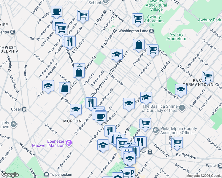 map of restaurants, bars, coffee shops, grocery stores, and more near 128 East Pastorius Street in Philadelphia
